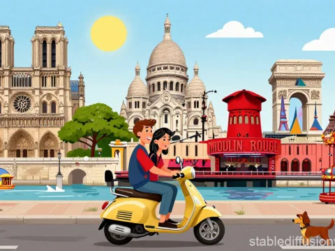 Parisian Couple Riding Vespa with Iconic Landmarks