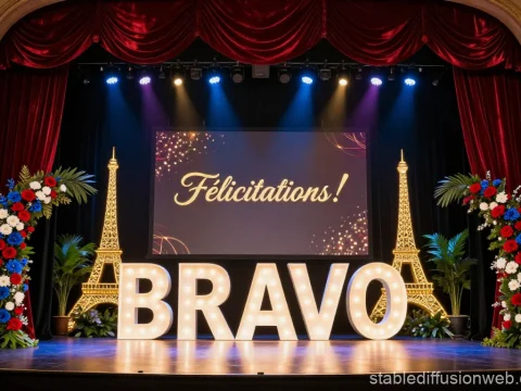 Parisian Gala Graduation Stage with Illuminated Bravo Sign