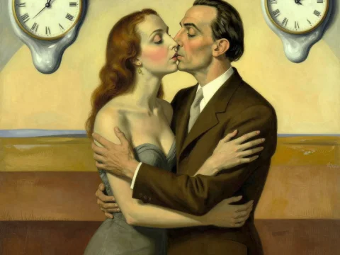 Passionate Lovers Embracing Amid Surreal Melting Clocks