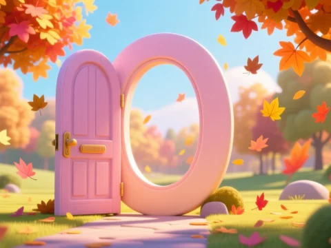 Pastel Autumn Park with Surreal Door and Falling Leaves