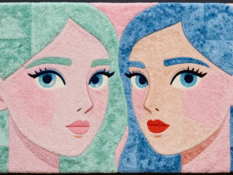 Pastel Fiber Art Carpet Featuring Two Stylized Female Faces