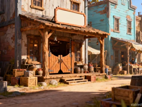 Pastel Frontier Tavern in a Rustic Alley