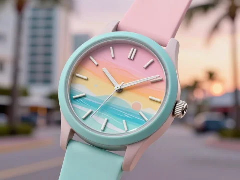 Pastel Miami Art Deco Inspired Watch with Sunset Dial