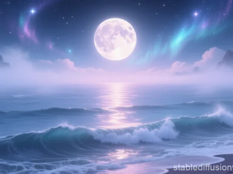 Pastel Night Ocean with Full Moon and Aurora
