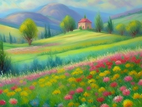 Pastel Oil Painting of a Vibrant Flower Meadow and Hills