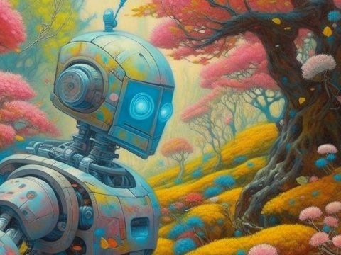 Pastel Robot in a Vibrant Fantasy Forest