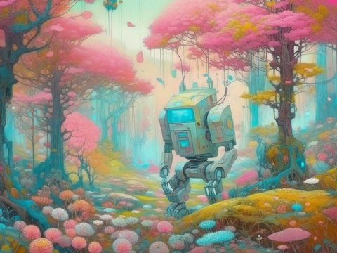 Pastel Robotic Explorer in a Dreamlike Forest
