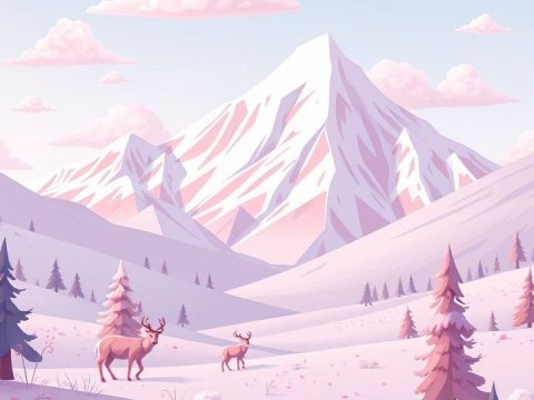 Pastel Winter Mountain Landscape with Deer