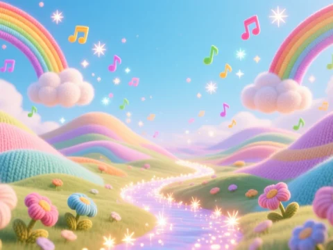 Pastel Yarn Landscape with Rainbows and Musical Notes
