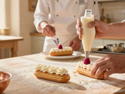 Pastry Chefs Decorating Eclairs in a Provence Kitchen
