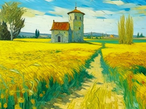 Path Through a Bright Yellow Field to a Small Church