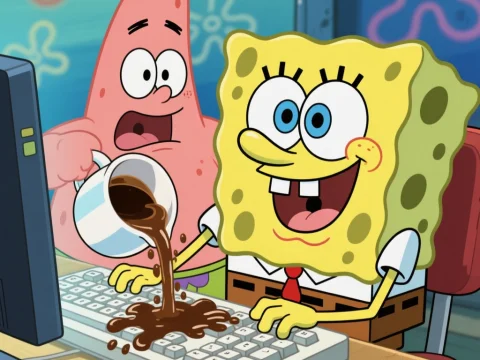 Patrick Spills Coffee on SpongeBob's Keyboard