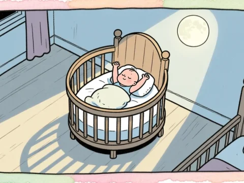 Peaceful Baby Sleeping in Round Crib Under Moonlight