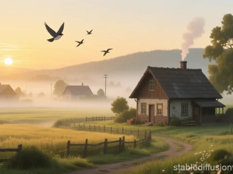 Peaceful Countryside Dawn with Birds in Flight