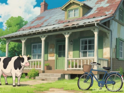 Peaceful Countryside Scene with Cow and Bicycle