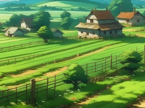 Peaceful Countryside Village with Green Fields