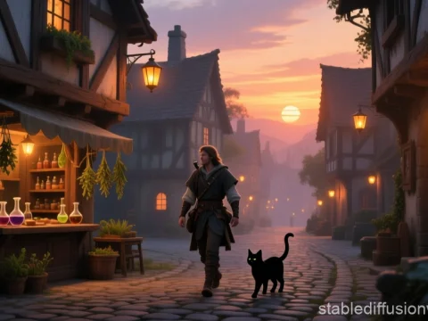 Peaceful Fantasy Village at Sunset with Alchemist and Cat