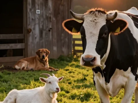 Peaceful Farm Sunset with Diverse Animals