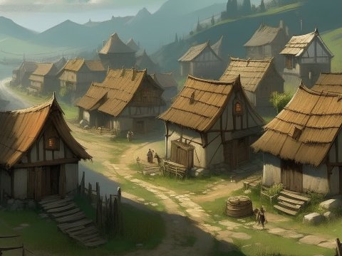 Peaceful Medieval Village with Thatched Roof Houses