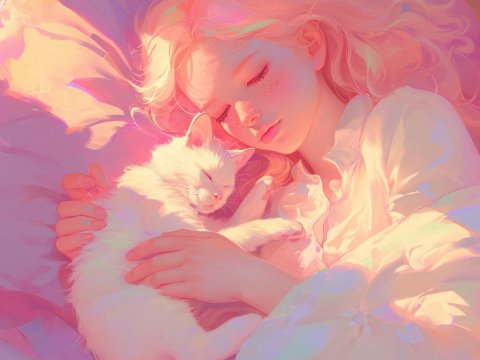 Peaceful Moment: Girl with Freckles Cuddling a White Cat
