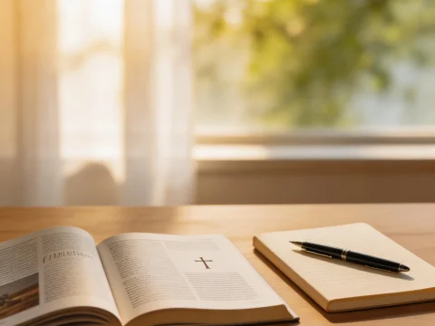 Peaceful Morning with Open Christian Book and Notebook