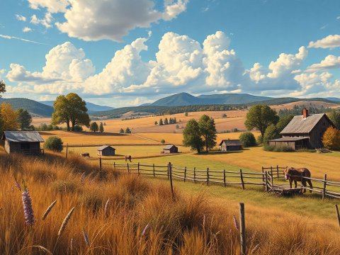 Peaceful Rural Landscape with Farmhouses and Horses
