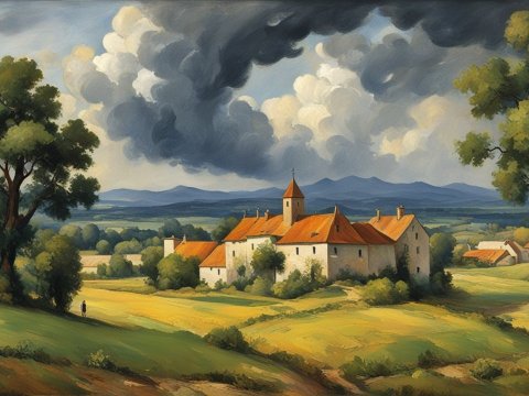 Peaceful Rural Village Under Dramatic Sky