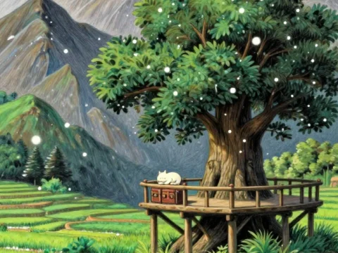 Peaceful Treehouse with Sleeping Cat in Mountain Landscape