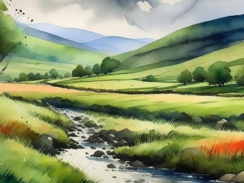 Peaceful Watercolor Landscape of Rolling Hills and Stream