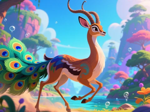 Peacock Gazelle Hybrid in a Vibrant Fantasy Landscape