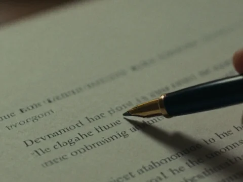 Pen Pointing at Text on Paper with Candlelight