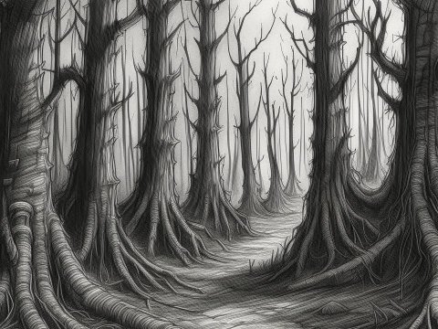 Pencil Drawing of a Dark, Twisted Forest Path