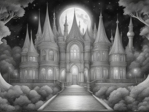 Pencil Drawing of a Gothic Castle Under Full Moon