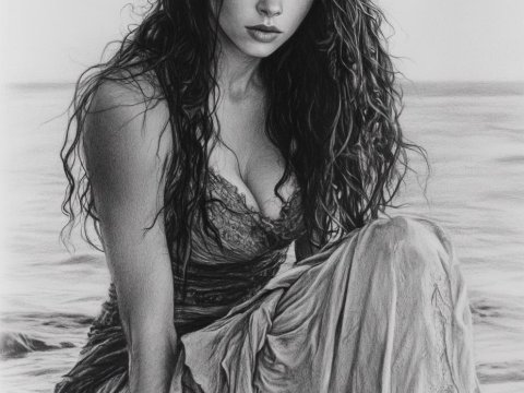 Pencil Portrait of a Woman by the Sea