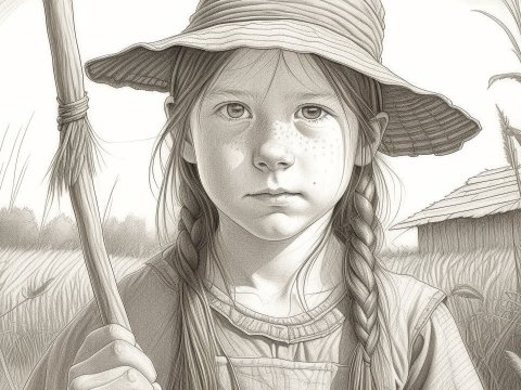 Pencil Portrait of a Young Girl in a Rural Setting