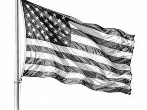 Pencil Sketch of American Flag Waving on Flagpole
