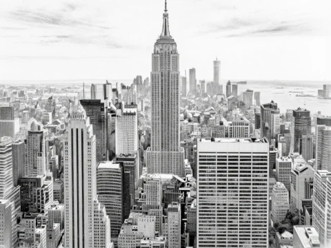 Pencil Sketch of Manhattan Skyline Featuring Empire State Building