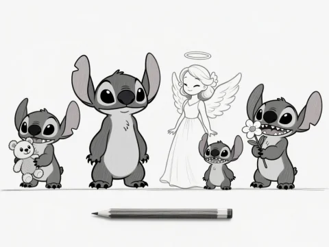 Pencil Sketch of Stitch Characters with Angel Figure