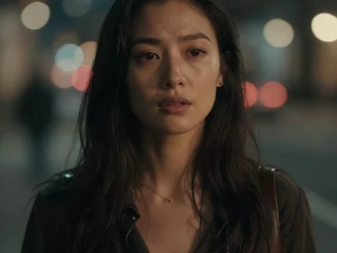 Pensive Woman in Nighttime Urban Setting