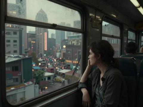 Pensive Woman Looking Out Train Window at Cityscape