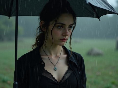 Pensive Woman Under Umbrella in the Rain