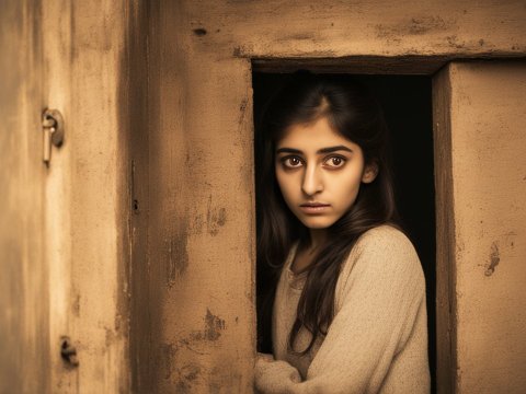 Pensive Young Woman in Rustic Window Frame