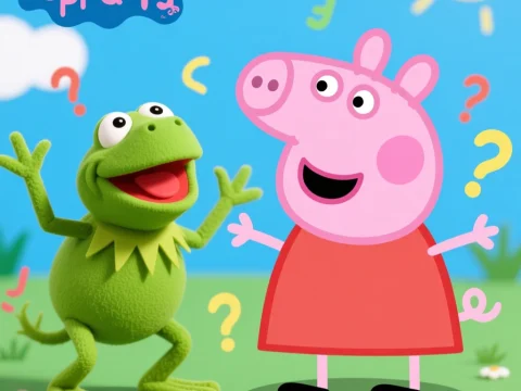 Peppa Pig and Kermit the Frog in a Colorful Cartoon Scene
