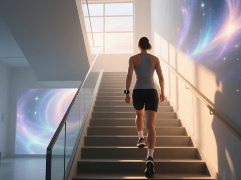 Person Ascending Staircase with Cosmic Light Effects