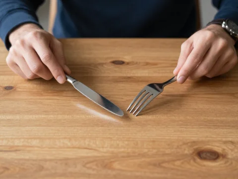 Person Holding Knife and Fork at Empty Wooden Table