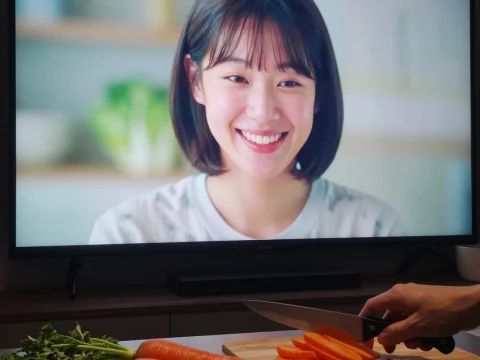 Person Slicing Carrots While Watching a Smiling Woman on Screen