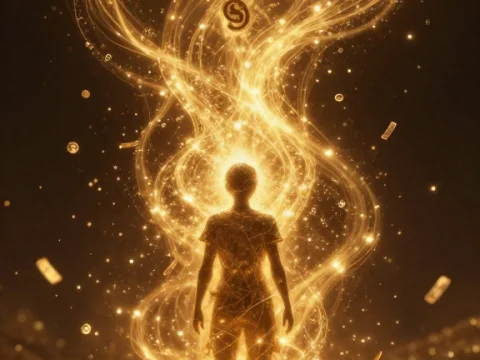 Person Surrounded by Flowing Cosmic Energy and Currency