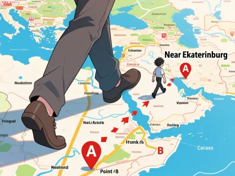 Person Walking on a Stylized Map Near Ekaterinburg