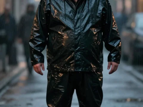 Person Wearing Pig Mask and Black Latex Raincoat in Urban Setting