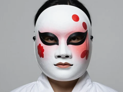 Person Wearing Traditional Japanese Mask with Red Floral Design
